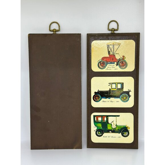 VTG 60s Antique Car Print Set-of-2 Wooden Wall Plaques Retro Nostalgic - Picture 8 of 10